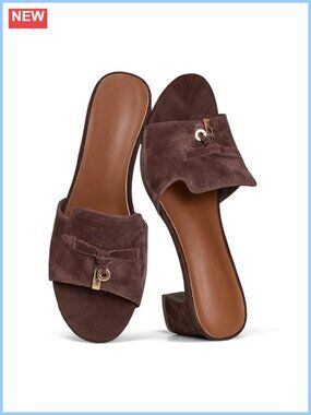 Genuine Leather Block Heel Slide Sandals Memory Foam Dressy